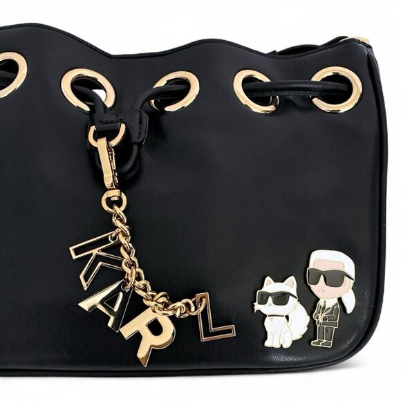 Karl Lagerfeld Black Leather Desiree Bag w/ Karl Purse Charm & Choupette Cat NWT - Picture 7 of 13